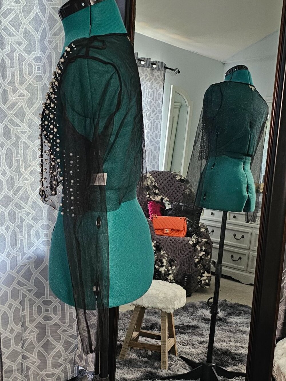 Love J Black Sheer Mesh Rhinestone & Pearl Crop Top – Size L - Picture 2 of 7